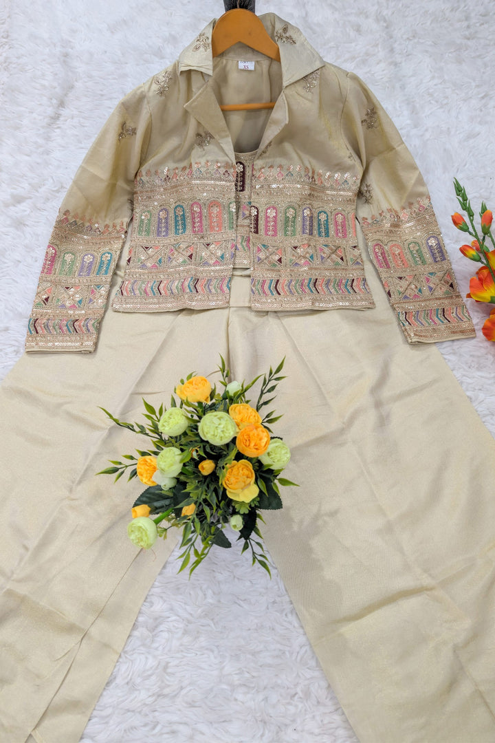 Tissue Silk Embroidered Beige Indo Western Crop Top Palazzo Set With Jacket