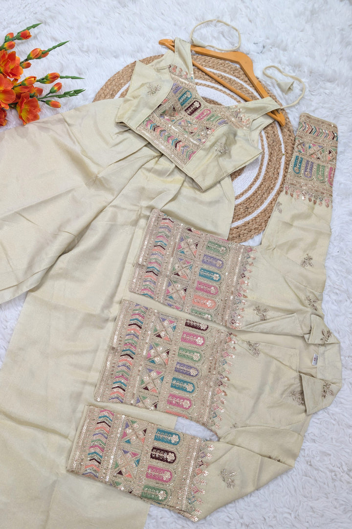 Tissue Silk Embroidered Beige Indo Western Crop Top Palazzo Set With Jacket