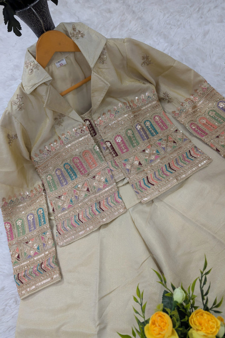Tissue Silk Embroidered Beige Indo Western Crop Top Palazzo Set With Jacket