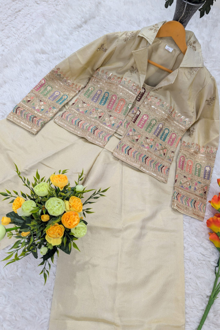 Tissue Silk Embroidered Beige Indo Western Crop Top Palazzo Set With Jacket