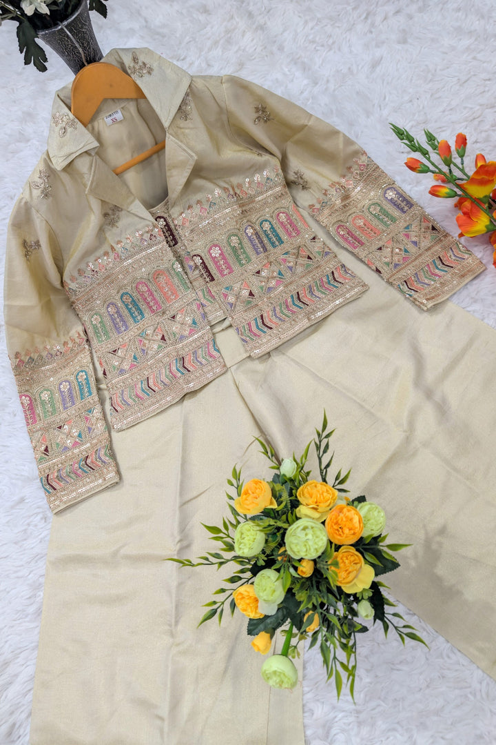 Tissue Silk Embroidered Beige Indo Western Crop Top Palazzo Set With Jacket