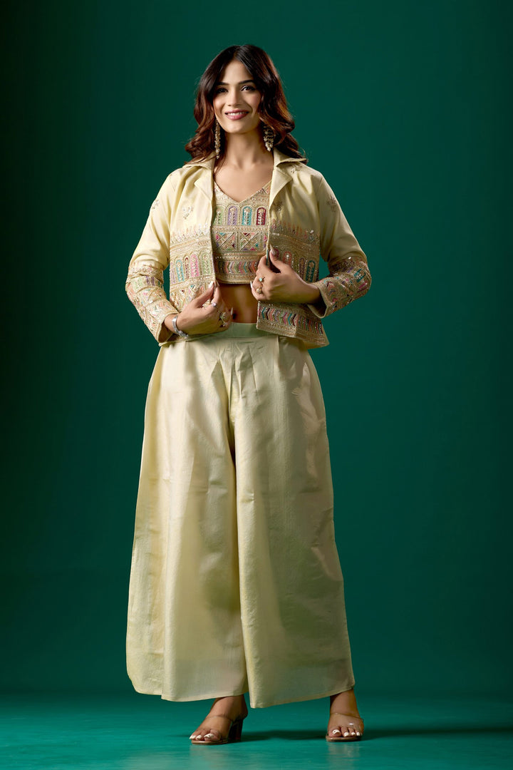 Tissue Silk Embroidered Beige Indo Western Crop Top Palazzo Set With Jacket