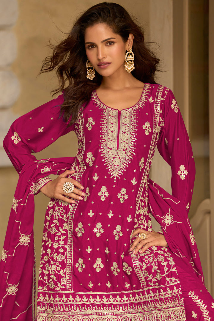 Magenta Chinon Silk Embroidered Readymade Palazzo Kameez