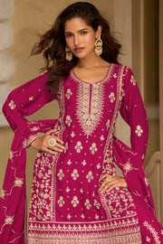 Magenta Chinon Silk Embroidered Readymade Palazzo Kameez