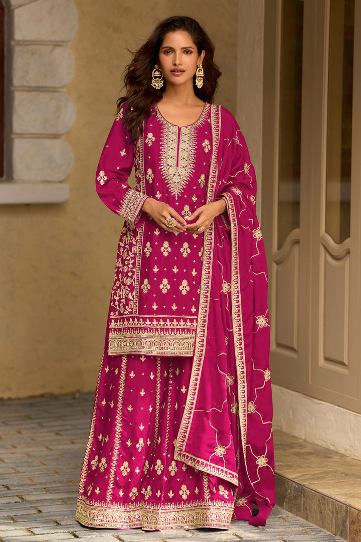 Magenta Chinon Silk Embroidered Readymade Palazzo Kameez