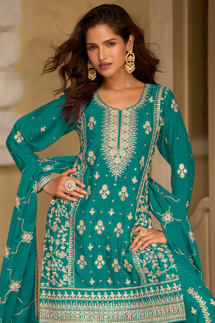 Real Chinon Silk Cyan Designer Party Wear Salwar Kameez