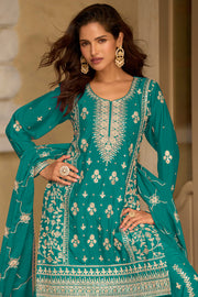 Real Chinon Silk Cyan Designer Party Wear Salwar Kameez