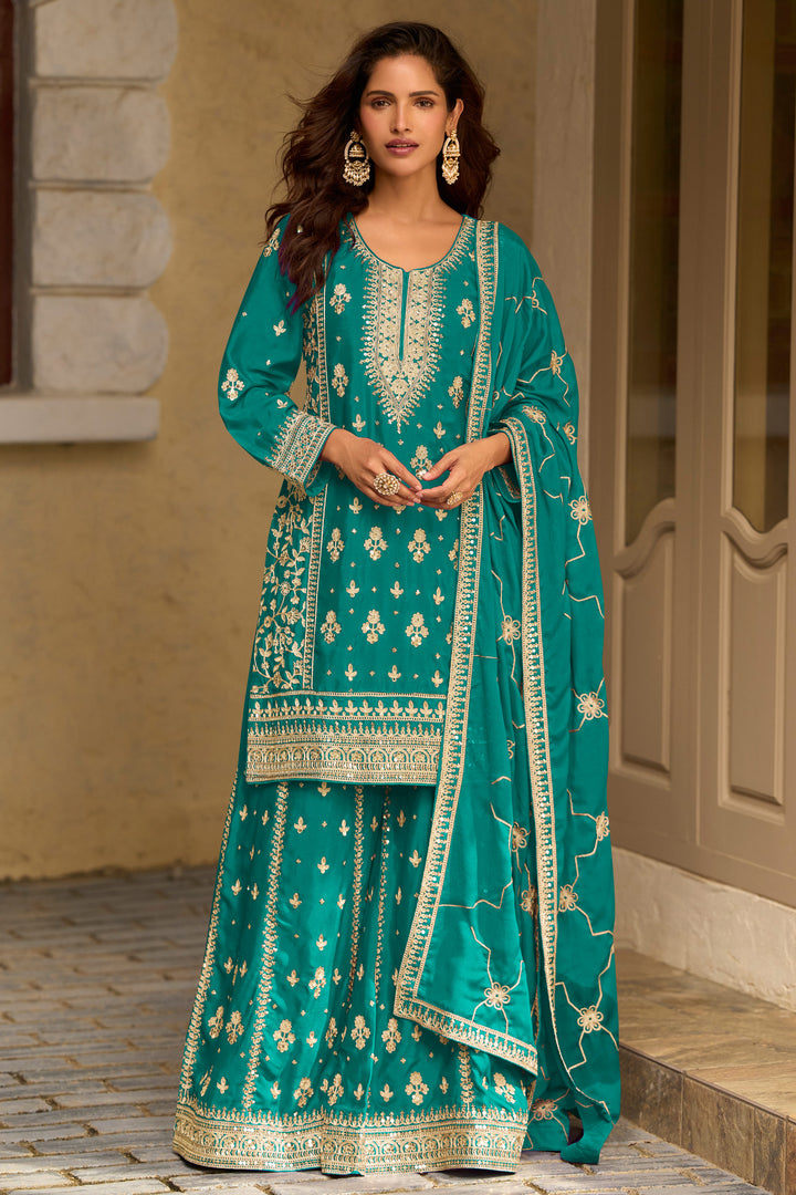 Real Chinon Silk Cyan Designer Party Wear Salwar Kameez