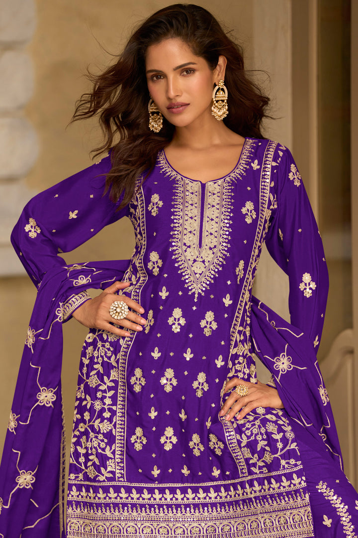 Real Chinon Silk Purple Embroidered Palazzo Salwar Kameez