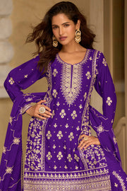 Real Chinon Silk Purple Embroidered Palazzo Salwar Kameez