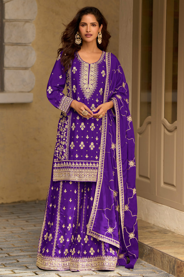 Real Chinon Silk Purple Embroidered Palazzo Salwar Kameez