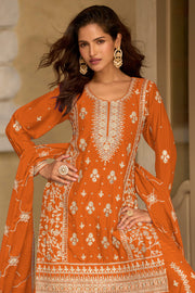 Rust Chinon Silk Designer Embroidered Palazzo Suit
