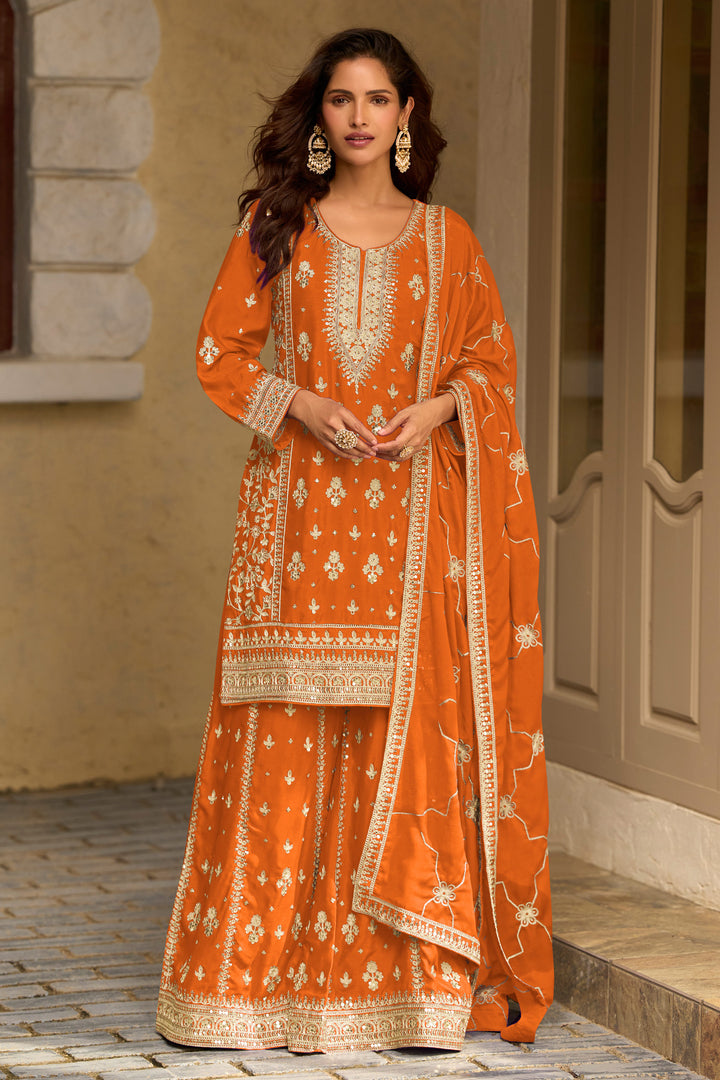 Rust Chinon Silk Designer Embroidered Palazzo Suit