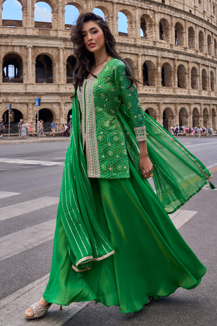 Green Art Silk Designer Embroidered Palazzo Suit