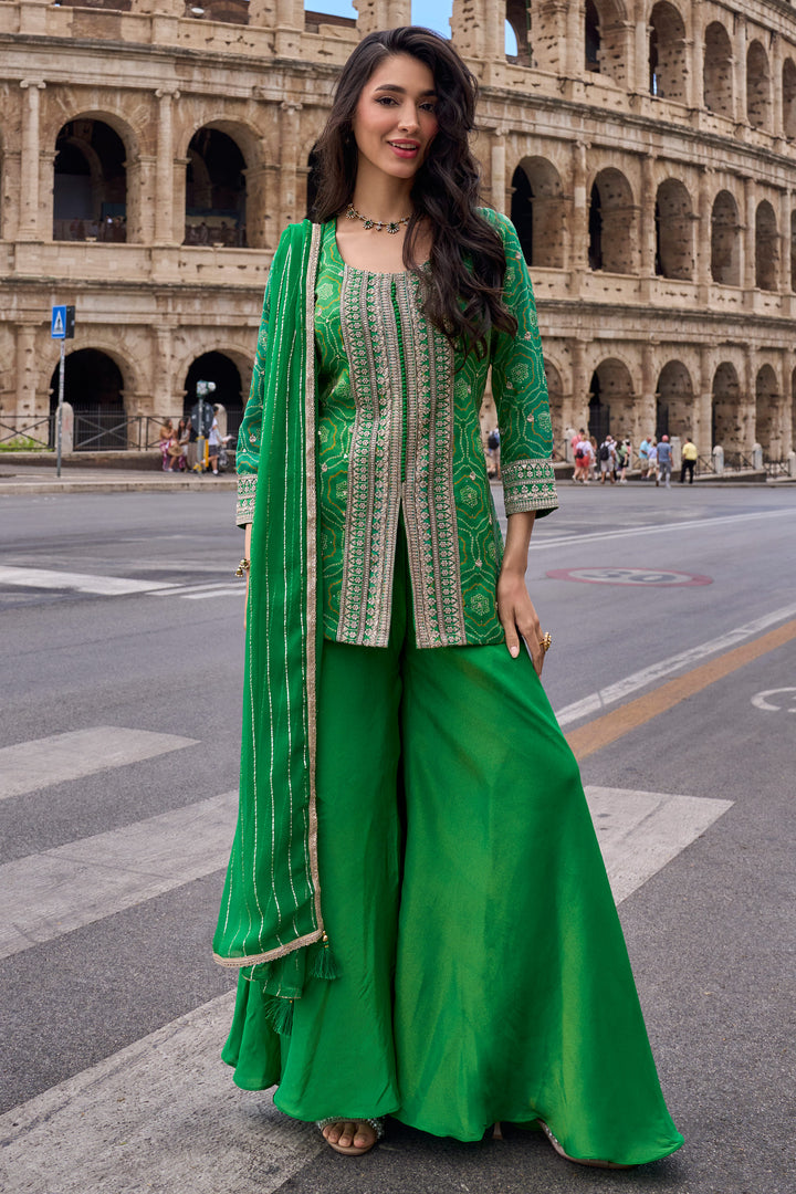 Green Art Silk Designer Embroidered Palazzo Suit