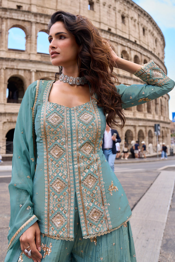 Sky Blue Art Silk Embroidered Readymade Palazzo Dress