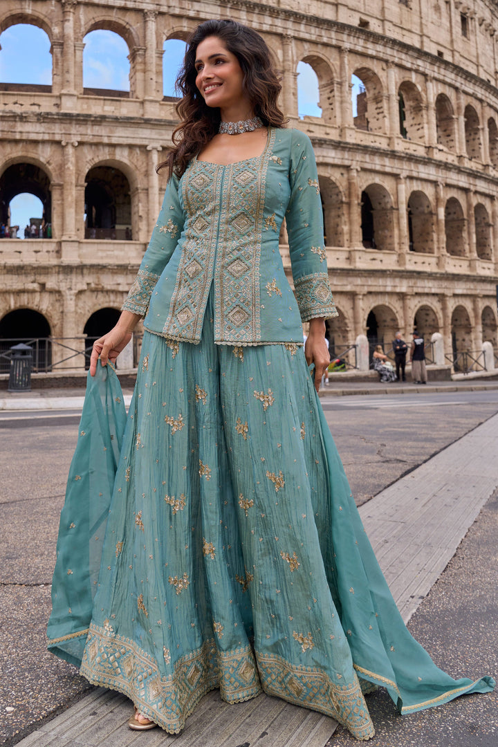 Sky Blue Art Silk Embroidered Readymade Palazzo Dress