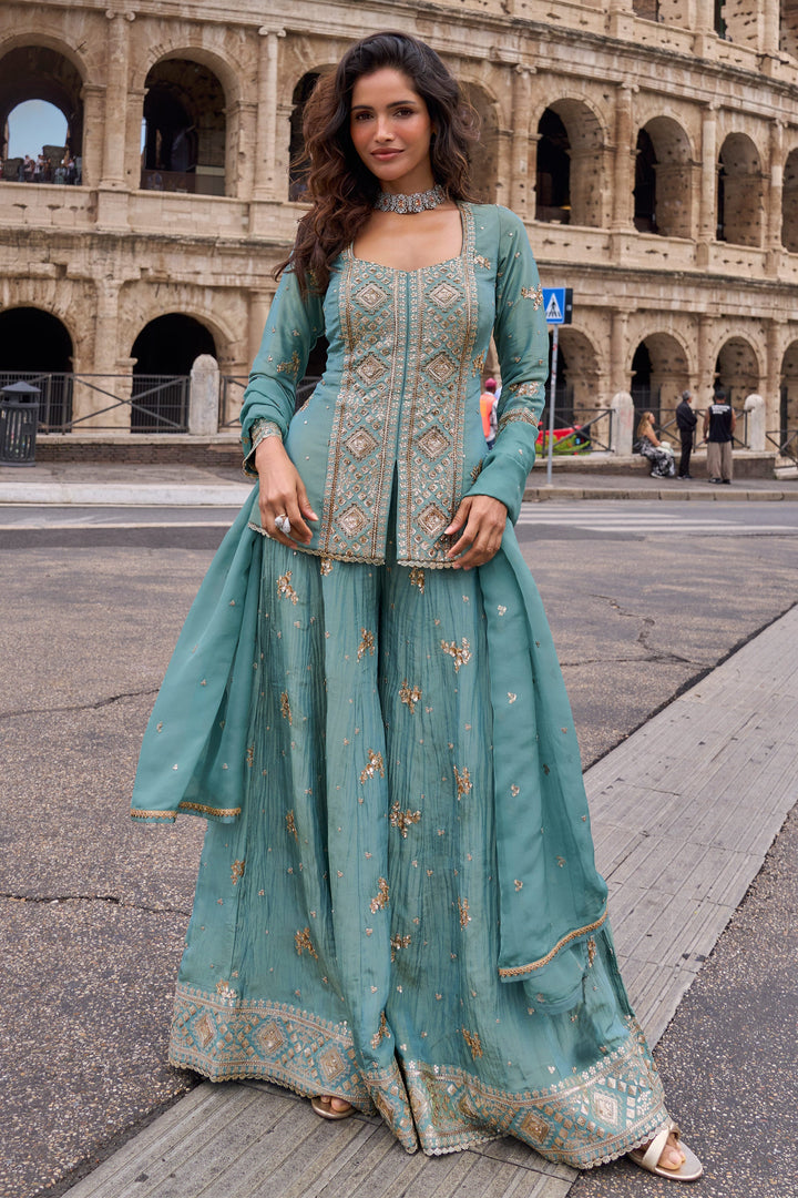 Sky Blue Art Silk Embroidered Readymade Palazzo Dress