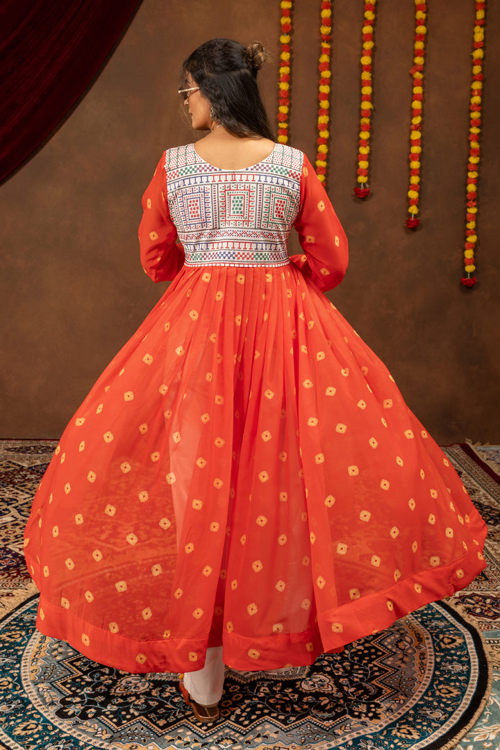 Women Orange Indo Western Embroidered Shrug And Denim Set