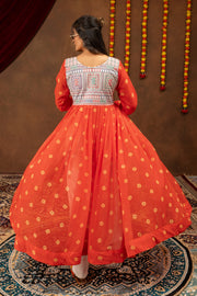 Women Orange Indo Western Embroidered Shrug And Denim Set