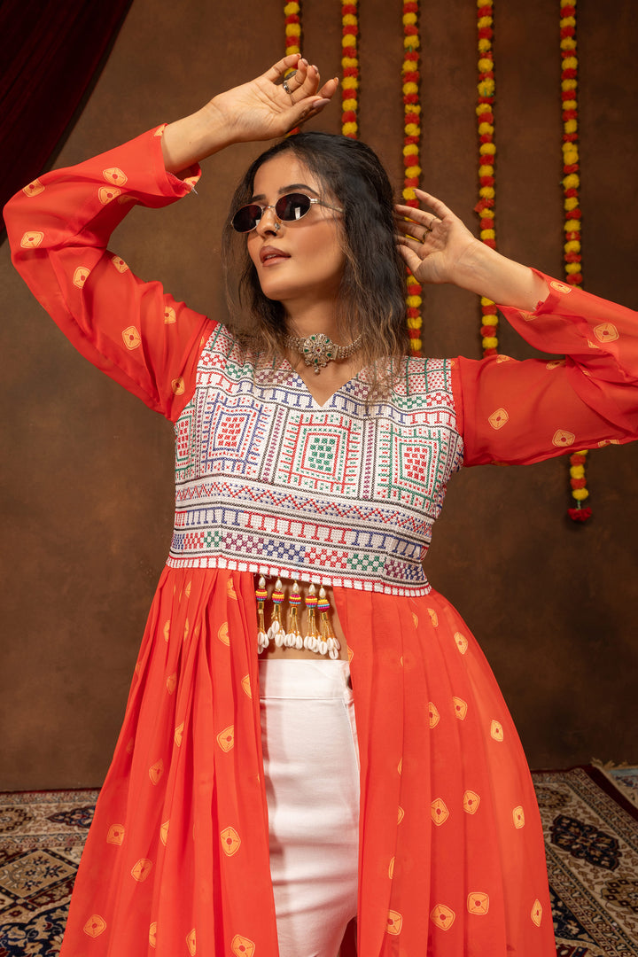 Women Orange Indo Western Embroidered Shrug And Denim Set