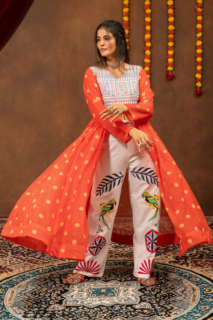 Women Orange Indo Western Embroidered Shrug And Denim Set