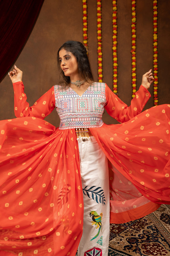 Women Orange Indo Western Embroidered Shrug And Denim Set