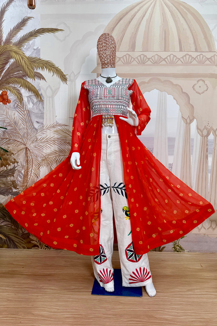 Women Orange Indo Western Embroidered Shrug And Denim Set