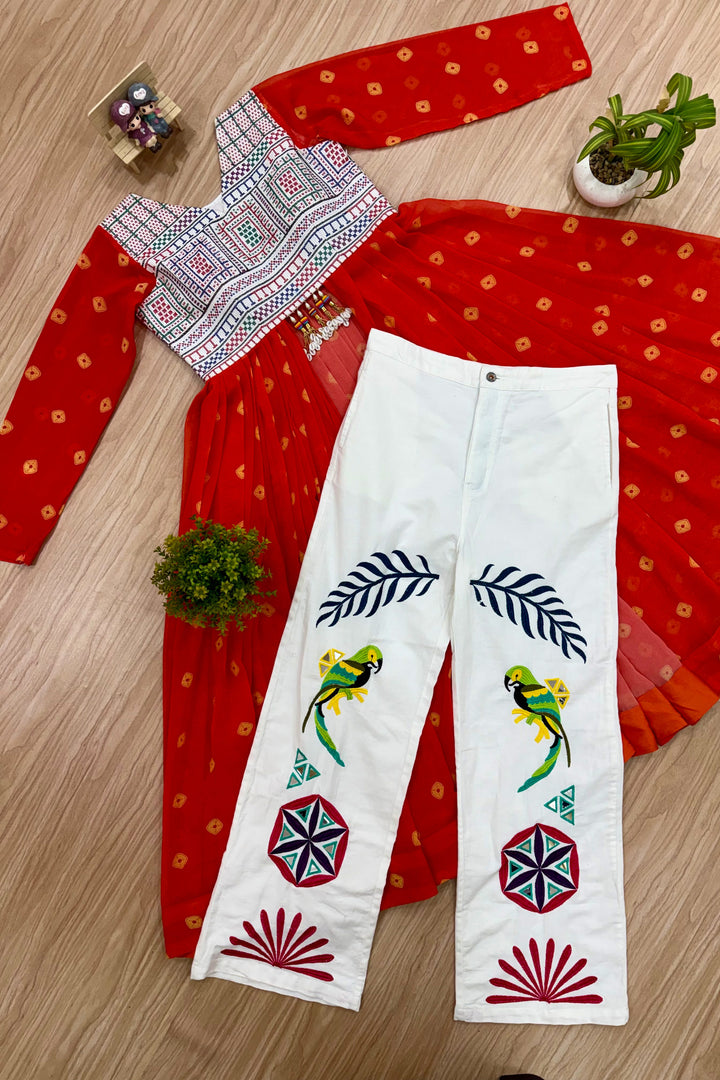 Women Orange Indo Western Embroidered Shrug And Denim Set