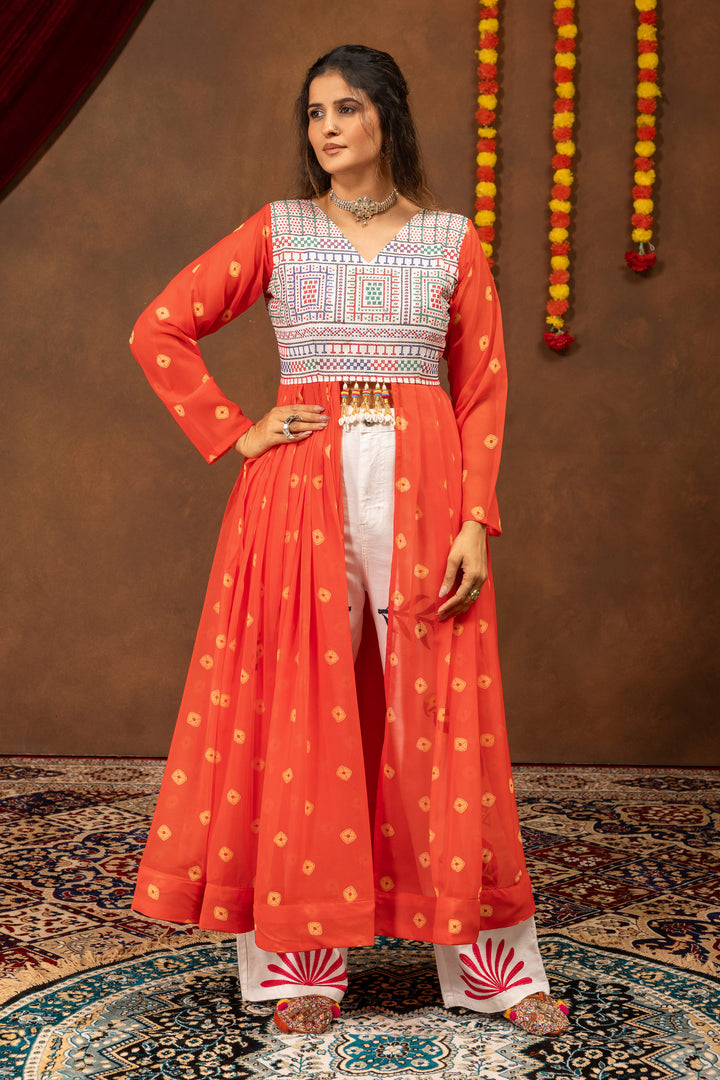 Women Orange Indo Western Embroidered Shrug And Denim Set