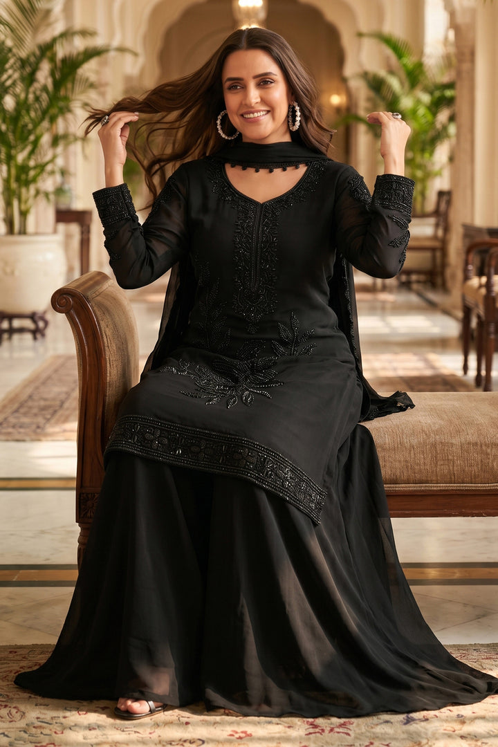 Neha Dhupia Chinon Readymade Palazzo Salwar Suit In Black Colour