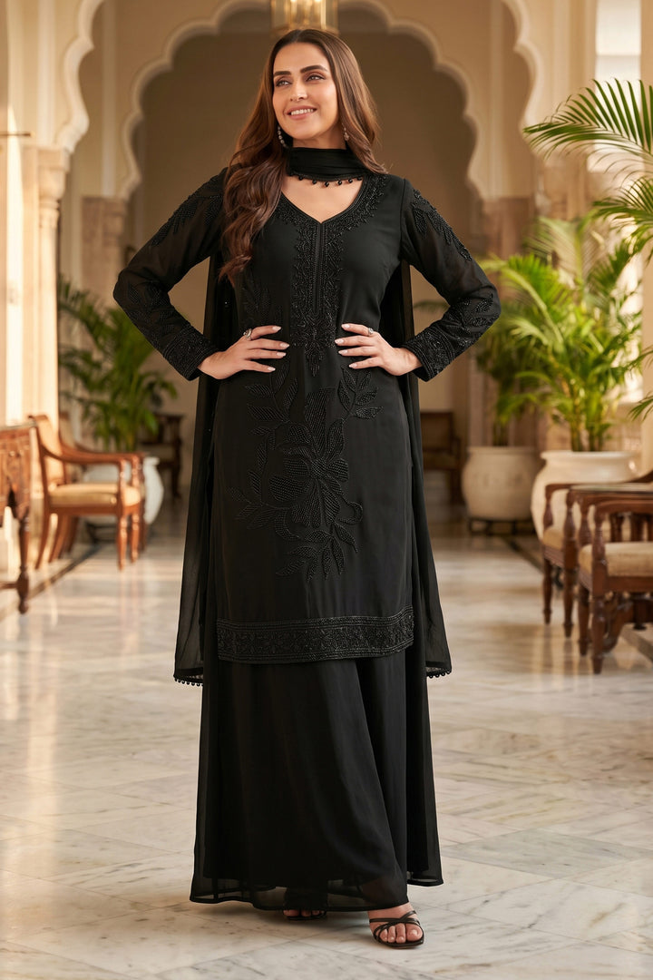 Neha Dhupia Chinon Readymade Palazzo Salwar Suit In Black Colour