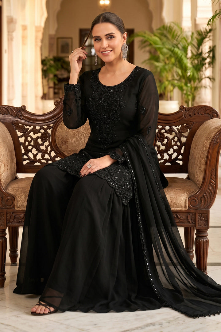 Neha Dhupia Black Function Wear Beads Work Readymade Plazzo Suit