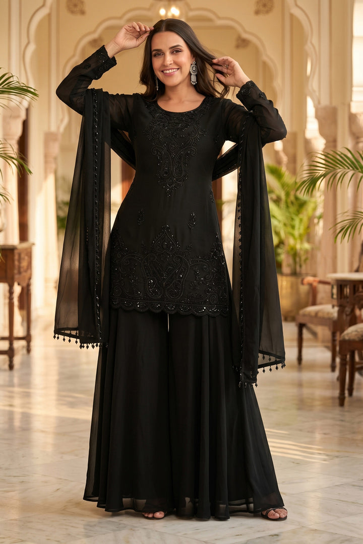 Neha Dhupia Black Function Wear Beads Work Readymade Plazzo Suit