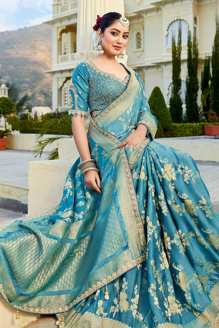 Cyan Traditionals Wedding Function Saree With Readymade Blouse