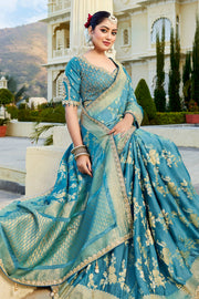 Cyan Traditionals Wedding Function Saree With Readymade Blouse