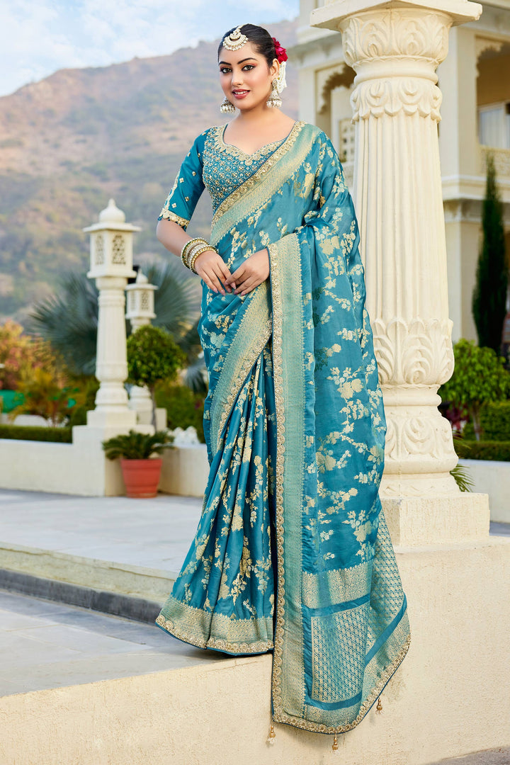 Cyan Traditionals Wedding Function Saree With Readymade Blouse