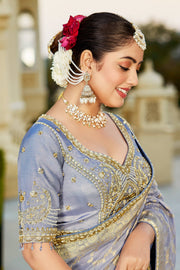 Blue Zari Weaving Work Wedding Saree With Readymade Blouse