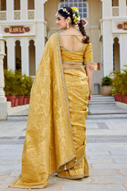 Yellow Woven Viscose Tissue Wedding Saree With Readymade Blouse