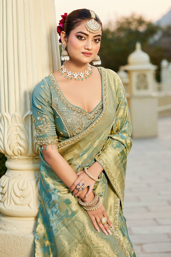 Sea Green Wedding Saree With Readymade Blouse
