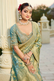 Sea Green Wedding Saree With Readymade Blouse