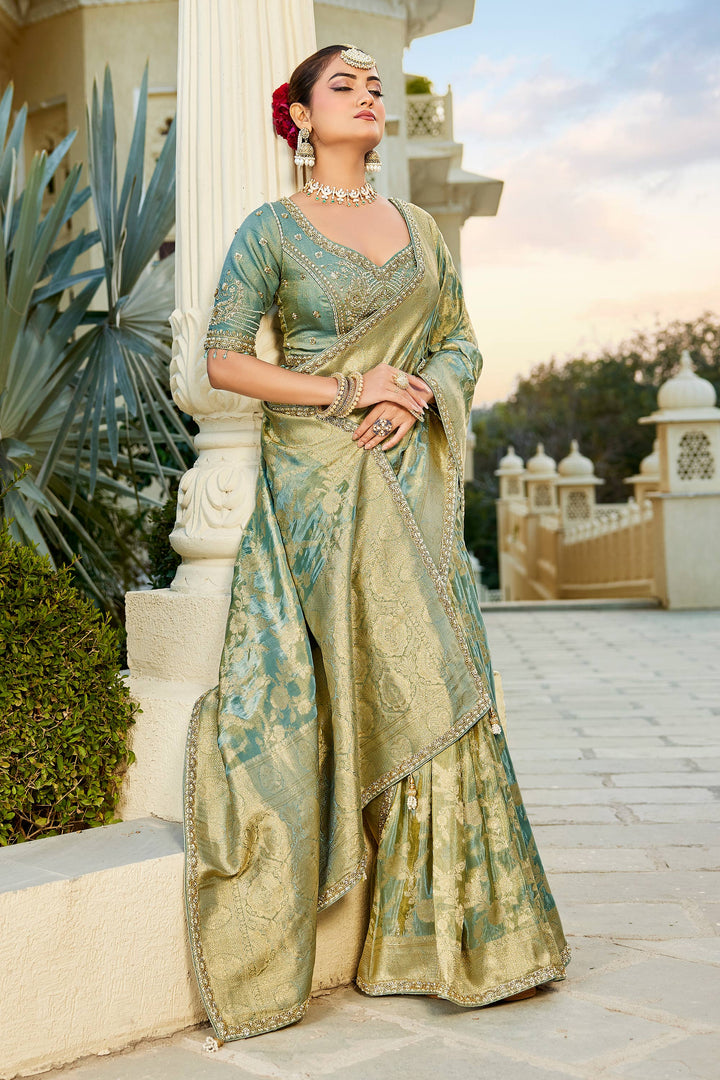 Sea Green Wedding Saree With Readymade Blouse