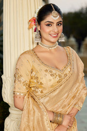 Wedding Wear Cream Viscose Tissue Weaving Saree With Readymade Blouse