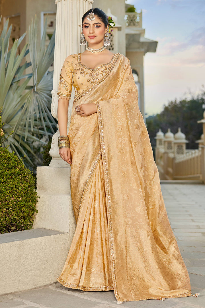 Wedding Wear Cream Viscose Tissue Weaving Saree With Readymade Blouse