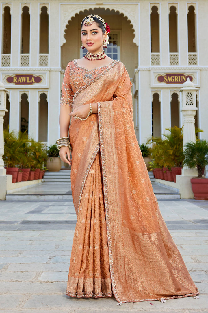 Peach Viscose Tissue Zari Weaving Saree With Readymade Blouse
