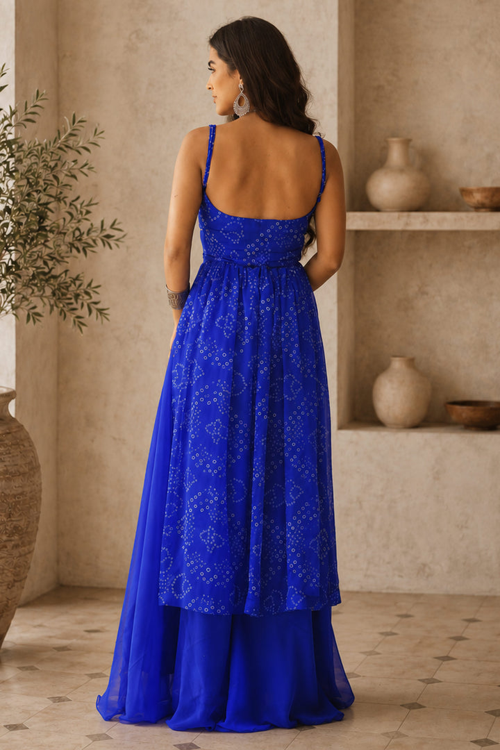 Georgette Bandhani Printed Blue Kurta With Bottom