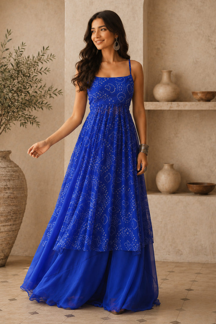 Georgette Bandhani Printed Blue Kurta With Bottom