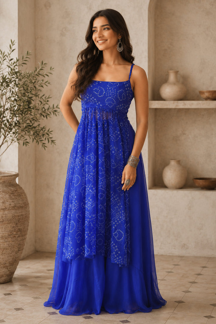Georgette Bandhani Printed Blue Kurta With Bottom