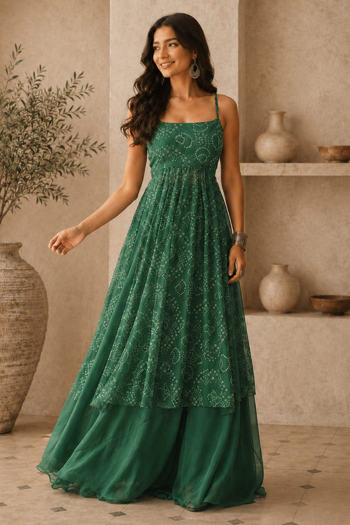 Green Georgette Bandhani Print Kurti With Bottom