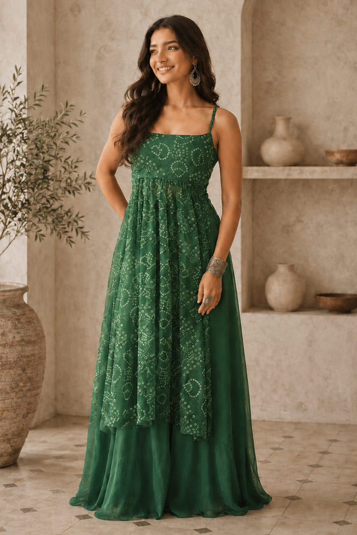 Green Georgette Bandhani Print Kurti With Bottom